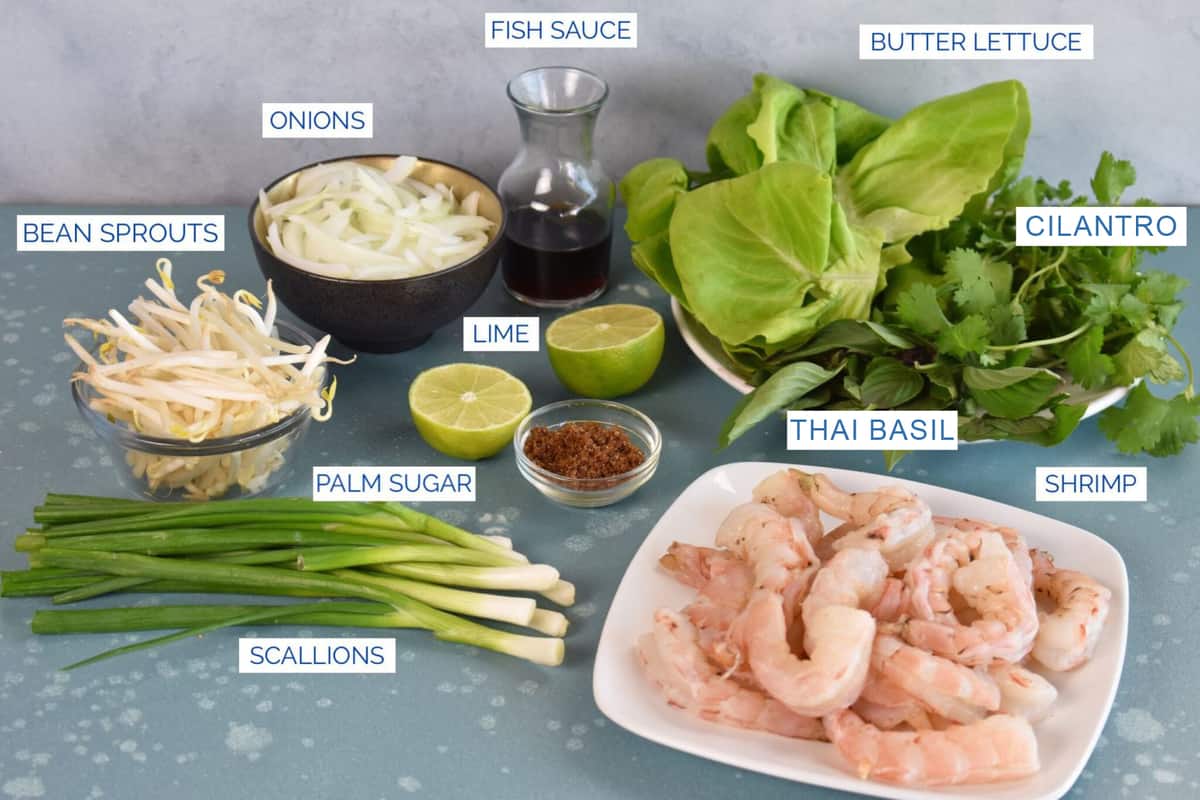 ingredients for crepe filling: bean sprouts, cilantro, lime, palm sugar, Thai basil, shrimp and scallions.