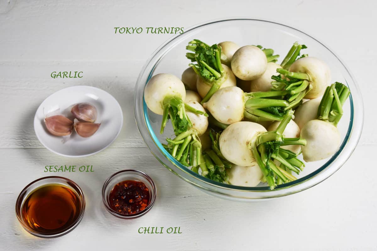 ingredients for Crispy Sesame Tokyo Turnips: Tokyo turnips, garlic, sesame oil and chili oil.