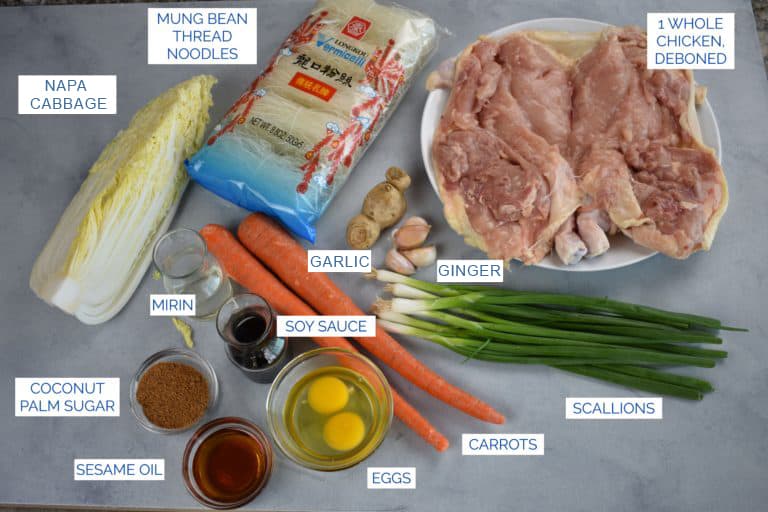 ingredients for Japanese Stuffed Roast Chicken:mung noodles, napa cabbage, carrots, chicken, ginger, scallions, eggs, soy sauce, mirin, coconut palm sugar and sesame oil.