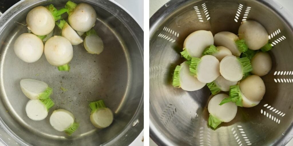 Tokyo turnips being blanched in boiling salted water and then strained into a colander for a turnip recipe.