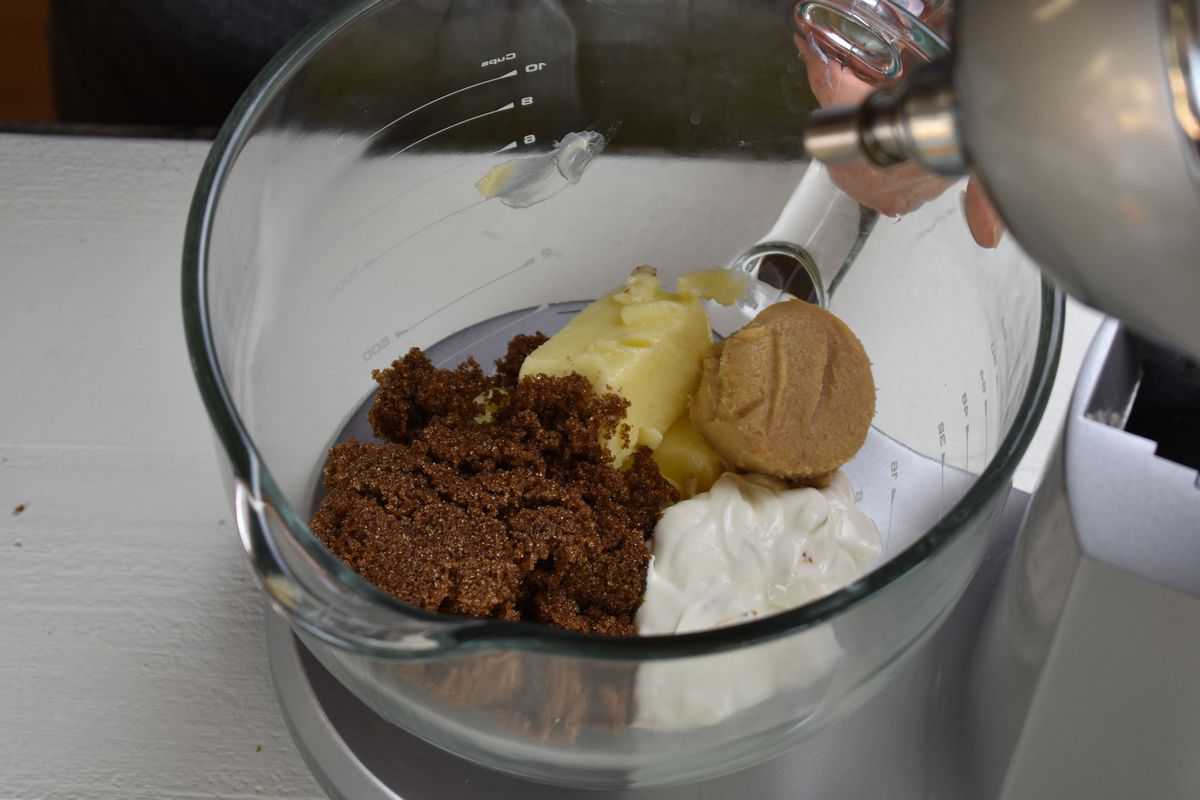 sugar, butter mascarpone and miso being mixed in a bowl