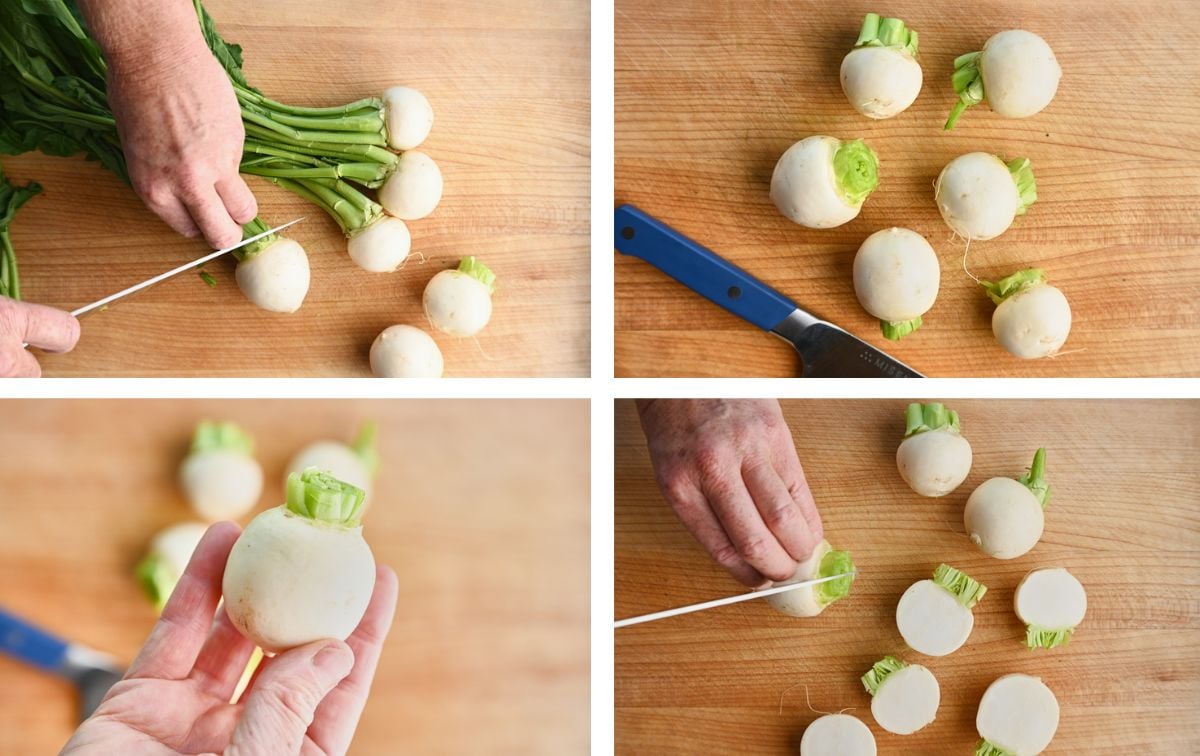 Step-by-step preparation of Tokyo turnips, including trimming greens, showcasing a turnip bulb, and halving bulbs on a wooden cutting board.