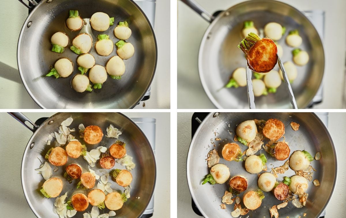 Step-by-step process of searing Tokyo turnips flat-side down in sesame oil, highlighting golden-brown caramelization, adding garlic slices, and crisping them for enhanced flavor.