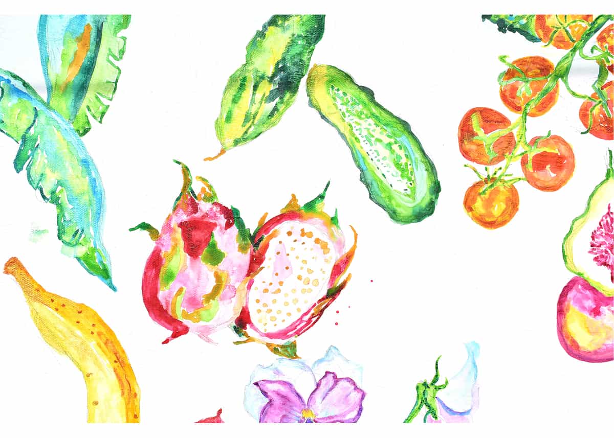 a watercolor picture of various fruits and vegetables including banana, dragon fruit and tomatoes