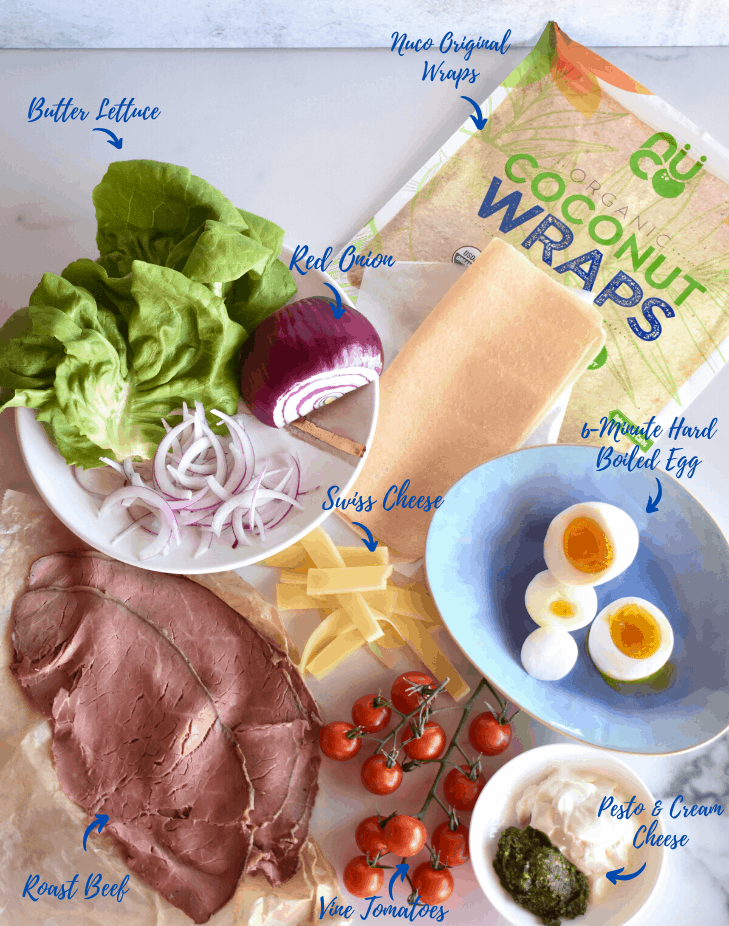 ingredients for wrap: lettuce, coconut wraps, boiled eggs, tomatoes, cheese and roast beef