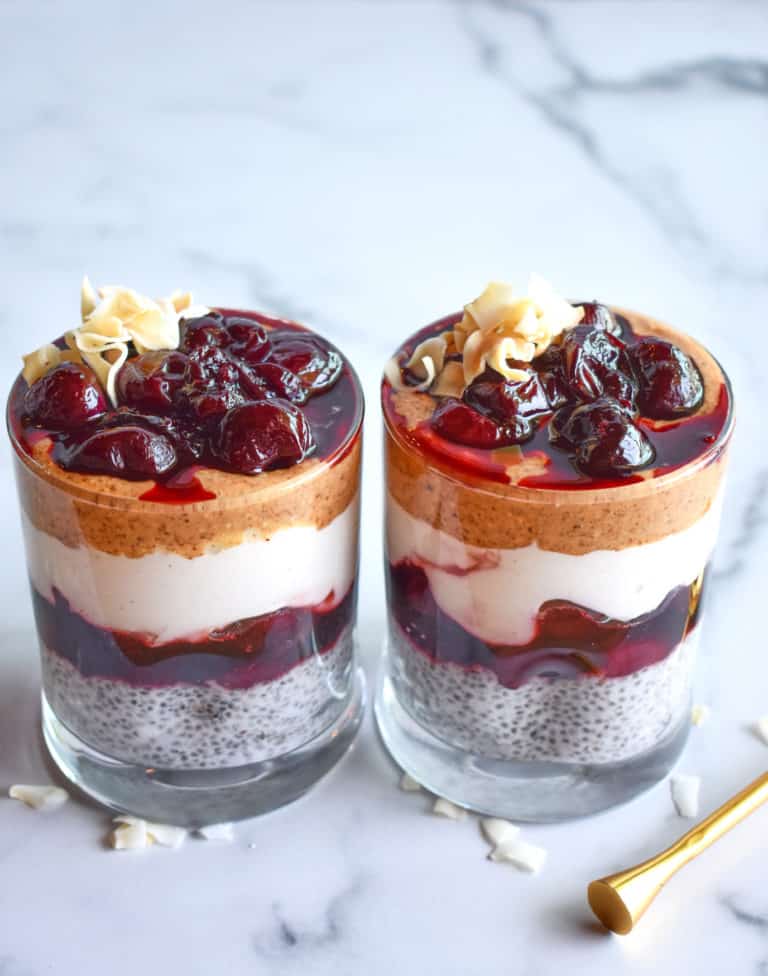 two pudding cups, coconut and cherry flavor