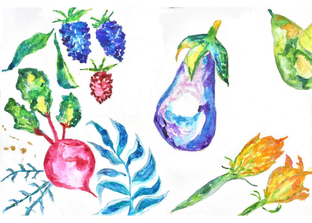a watercolor picture with various fruits and vegetables