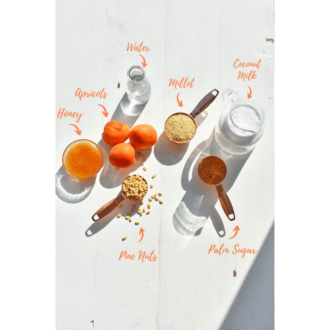 Labeled MEP- Millet Rice Pudding with Apricot Preserves ingredients for millet rice pudding: honey, apricots, millet, coconut milk, palm sugar, pine nuts