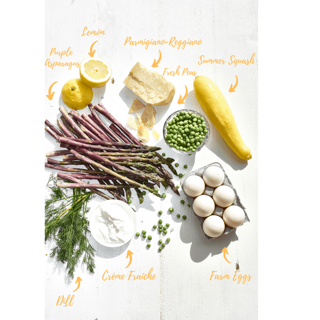 ingredients: asparagus, lemon, parmagiano reggiano, summer squash, eggs, peas and creme fraiche