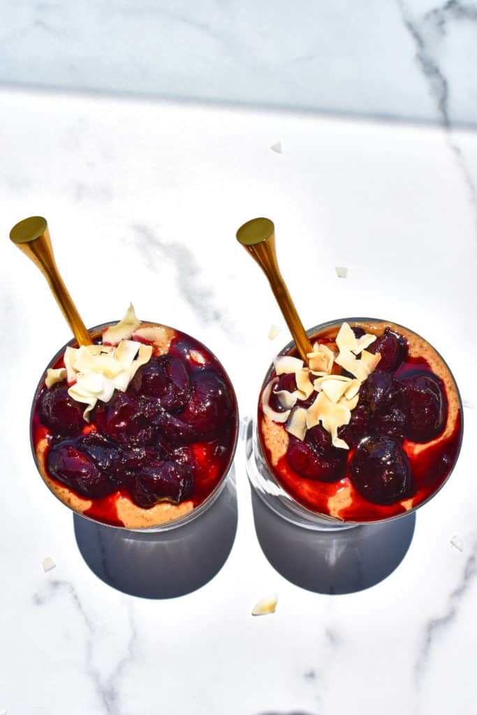 overhead shot of coconut cherry chia pudding cups