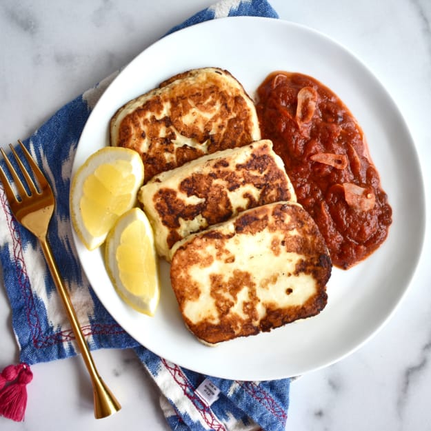 pan fried halloumi on a plate