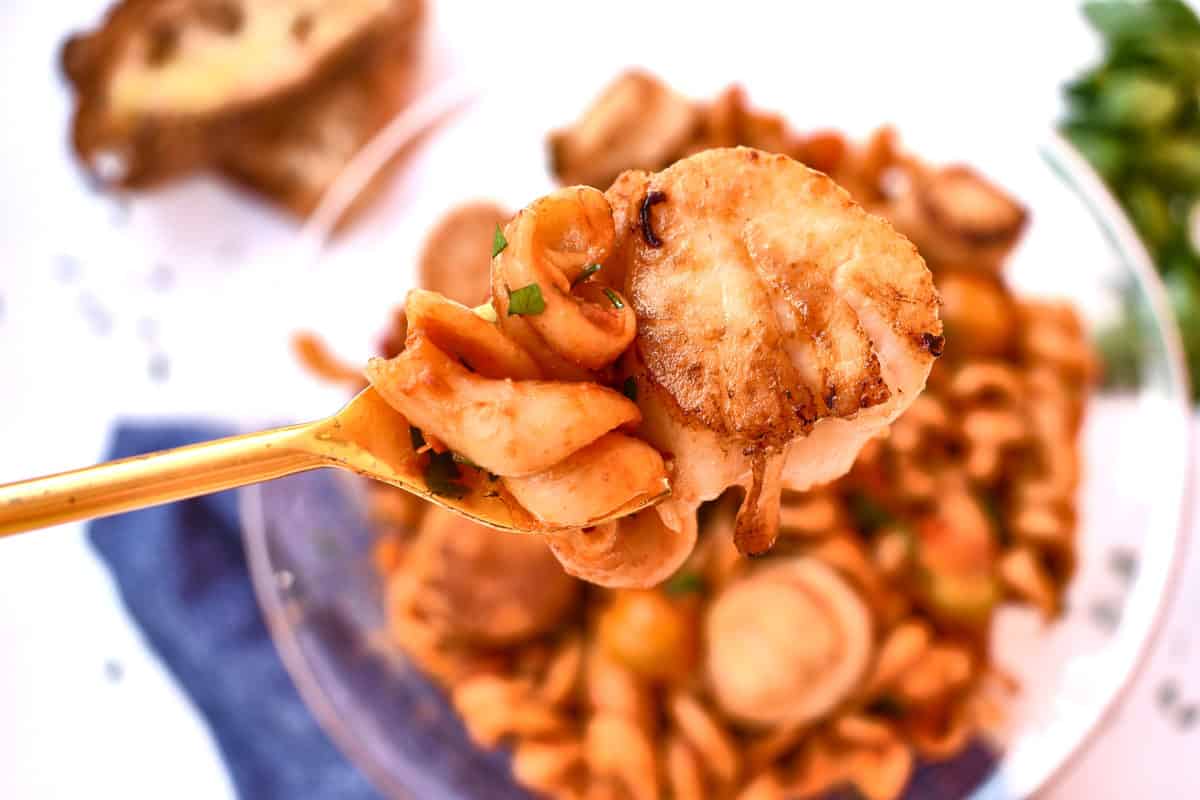 scallop pasta with tomato sauce on a spoon