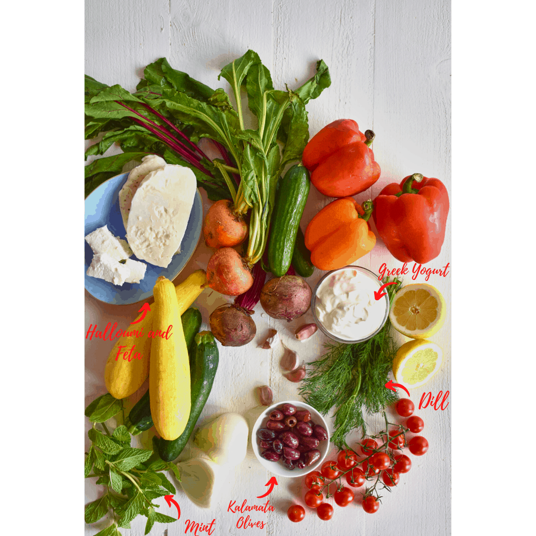 an array of vegetables ready to make a vegetarian Greek feast