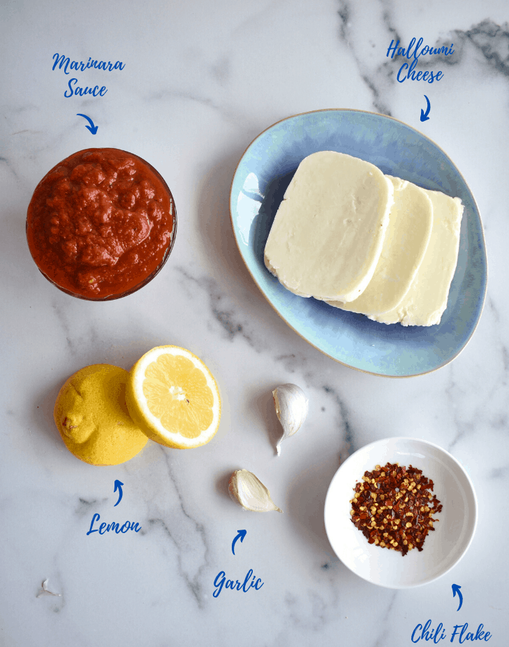 MEP Labeled- Saganaki ingredients: halloumi cheese, sauce, chili, garlic and lemon