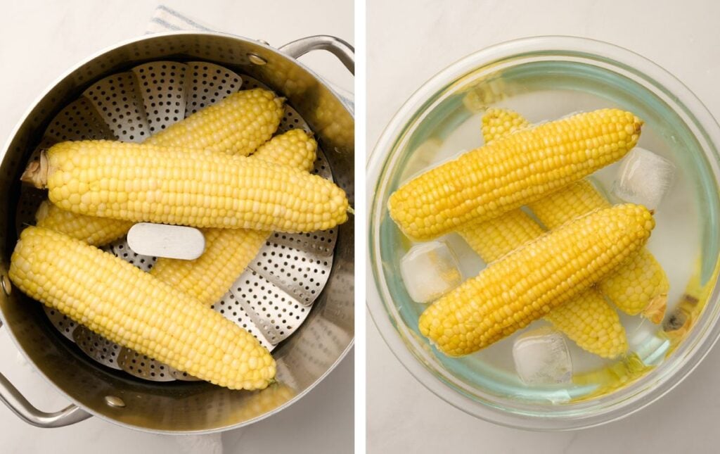Fresh corn in a large pot ready for steaming, followed by steamed corn cooling in an ice bath.