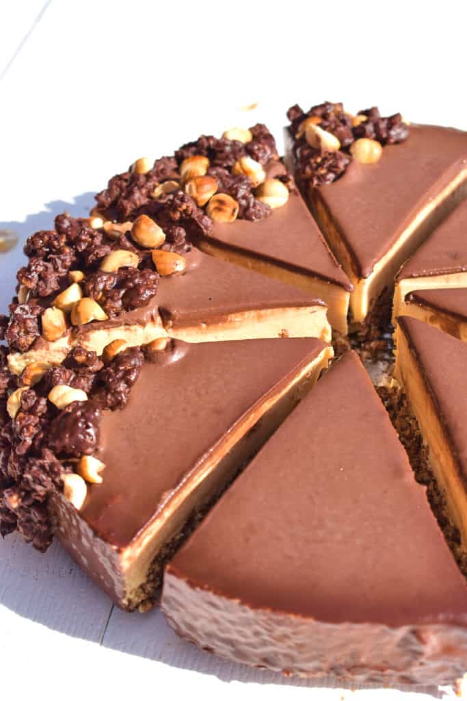 chocolate hazelnut mousse cake sliced into wedges