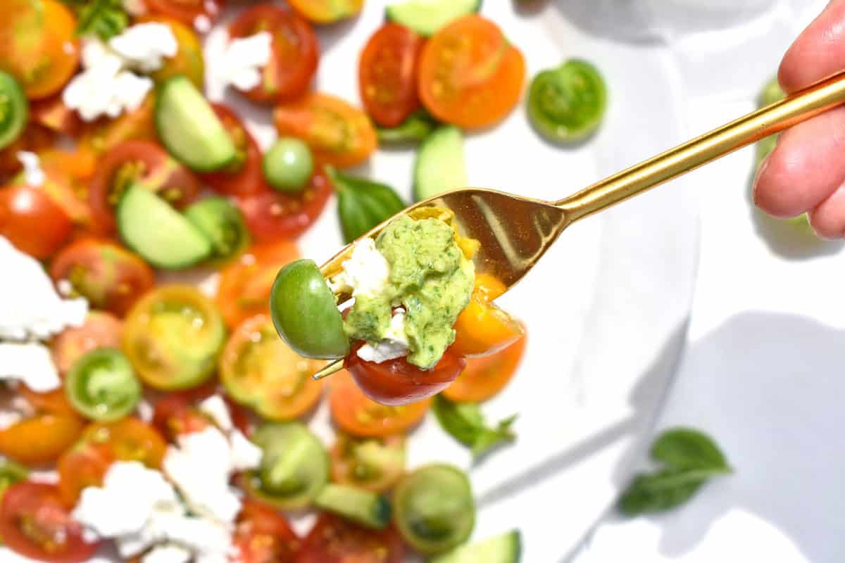 tomato, cucumber and avocado salad on a fork