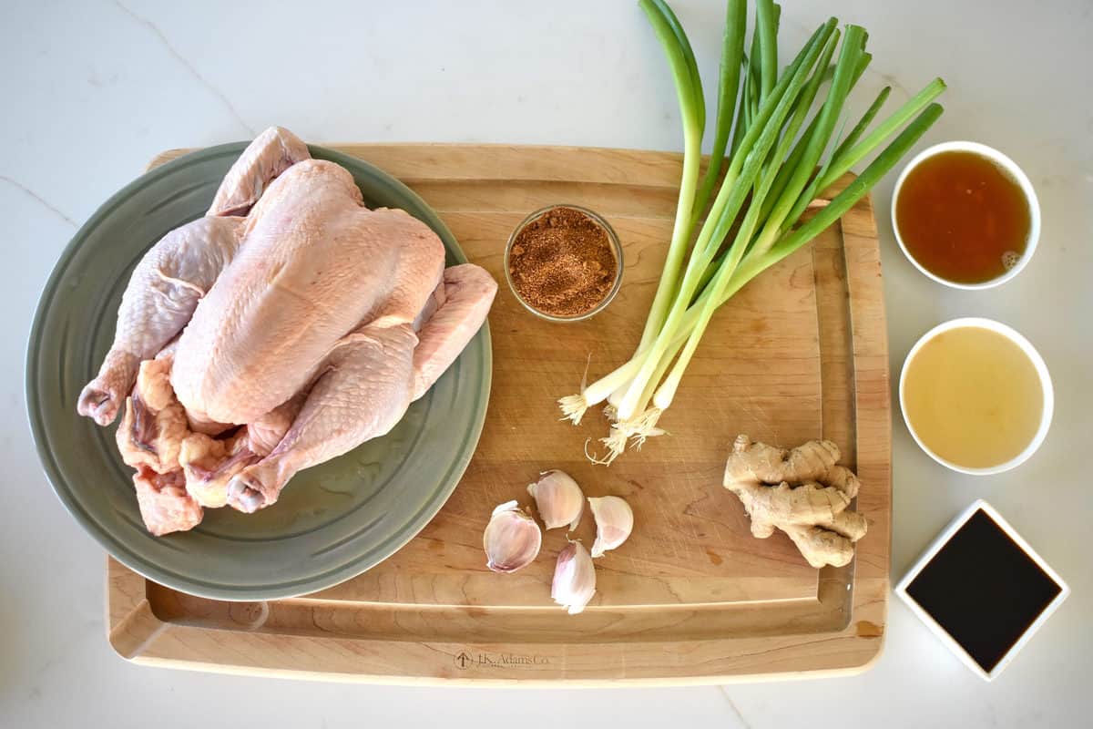a whole raw chicken, green onions, spices and sauces ready to cook