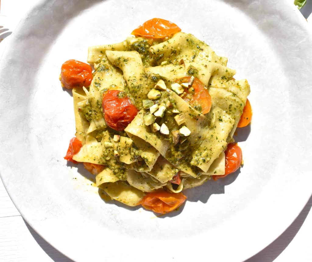 Homemade Pappardelle Pasta with Pistachio Pesto and Roasted Cherry Tomatoes