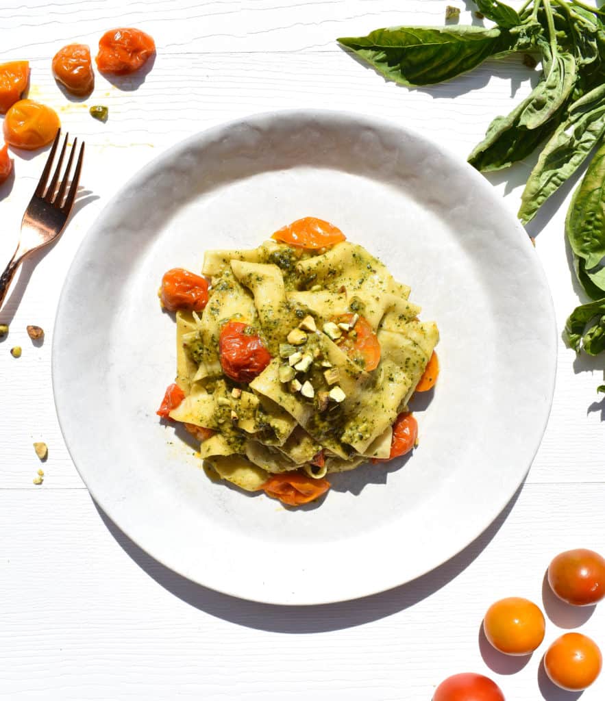 Homemade Pappardelle Pasta with Pistachio Pesto and Roasted Cherry