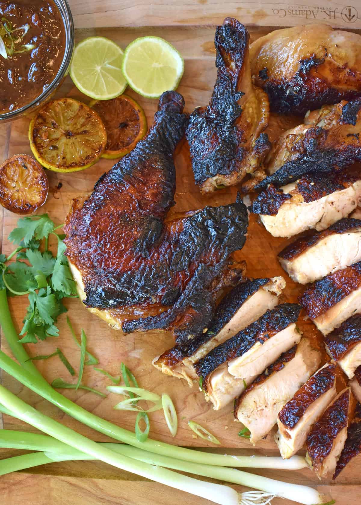 overhead shot of roasted sweet soy Japanese chicken sliced