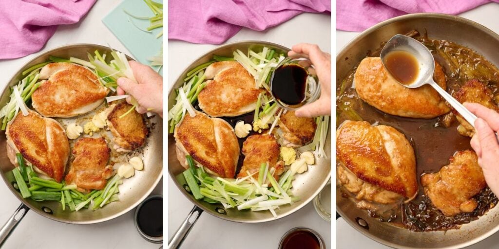 Adding green onions to a sauté pan of seared chicken, along with smashed garlic and minced ginger, soy sauce, and other sauce ingredients, and basting chicken.