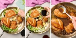 Adding green onions to a sauté pan of seared chicken, along with smashed garlic and minced ginger, soy sauce, and other sauce ingredients, and basting chicken.
