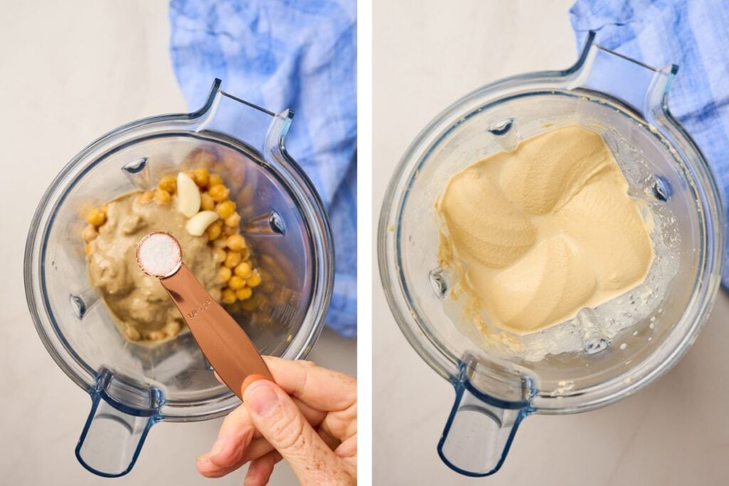 Blending hummus ingredients in blender with salt added before mixing