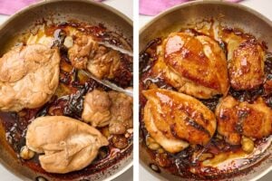 Tongs glazing chicken in a sauté pan with thickened teriyaki sauce, ensuring a glossy and flavorful coating.