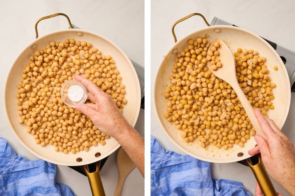 Chickpeas sautéed with baking soda in pan to loosen skins for smooth texture
