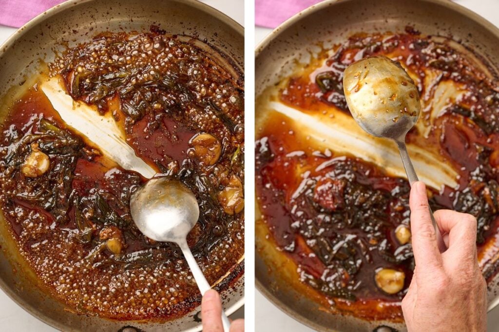 Thickened teriyaki sauce in a sauté pan, with a silver spoon run through it and coating the back of the spoon to show the consistency of it being "nappant".