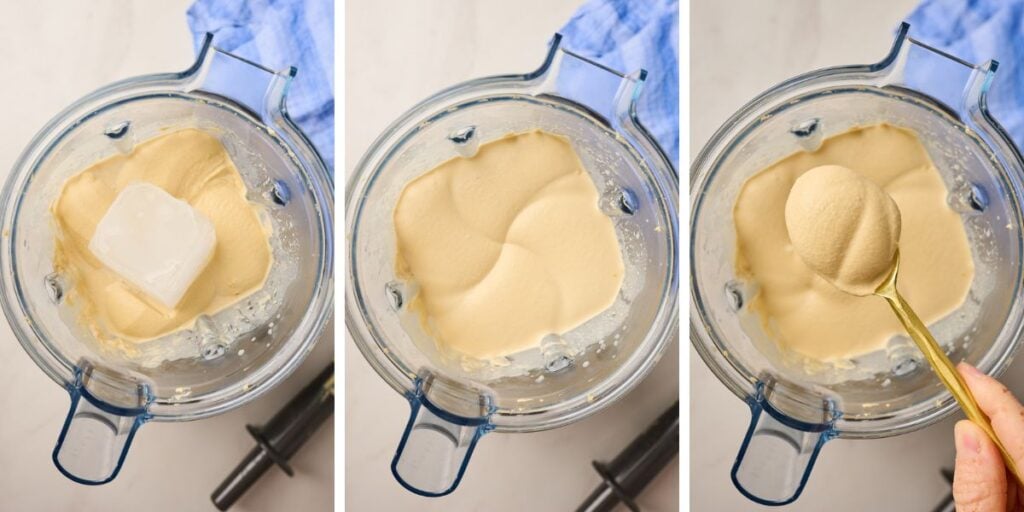 Ice cube added to blender to whip hummus and enhance texture with spoonful shown above