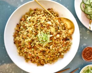 overhead shot of a bowl of vegetable rice