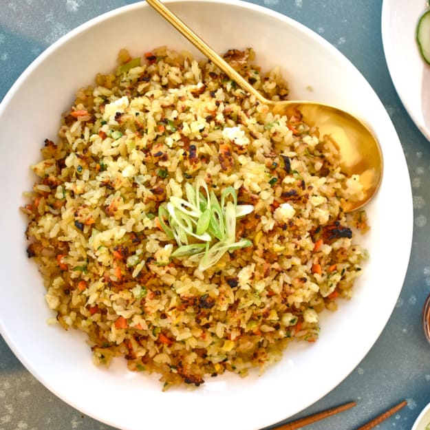 overhead shot of a bowl of vegetable rice