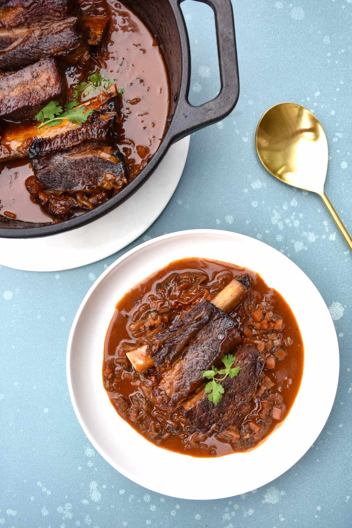 overhead shot of Korean braised beef in a bowl with serving dish above and a serving spoon