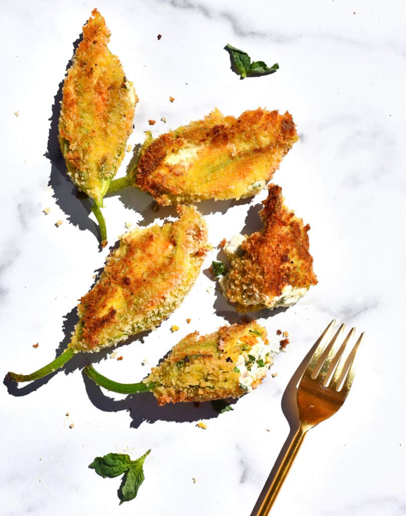 overhead shot of stuffed squash blossoms