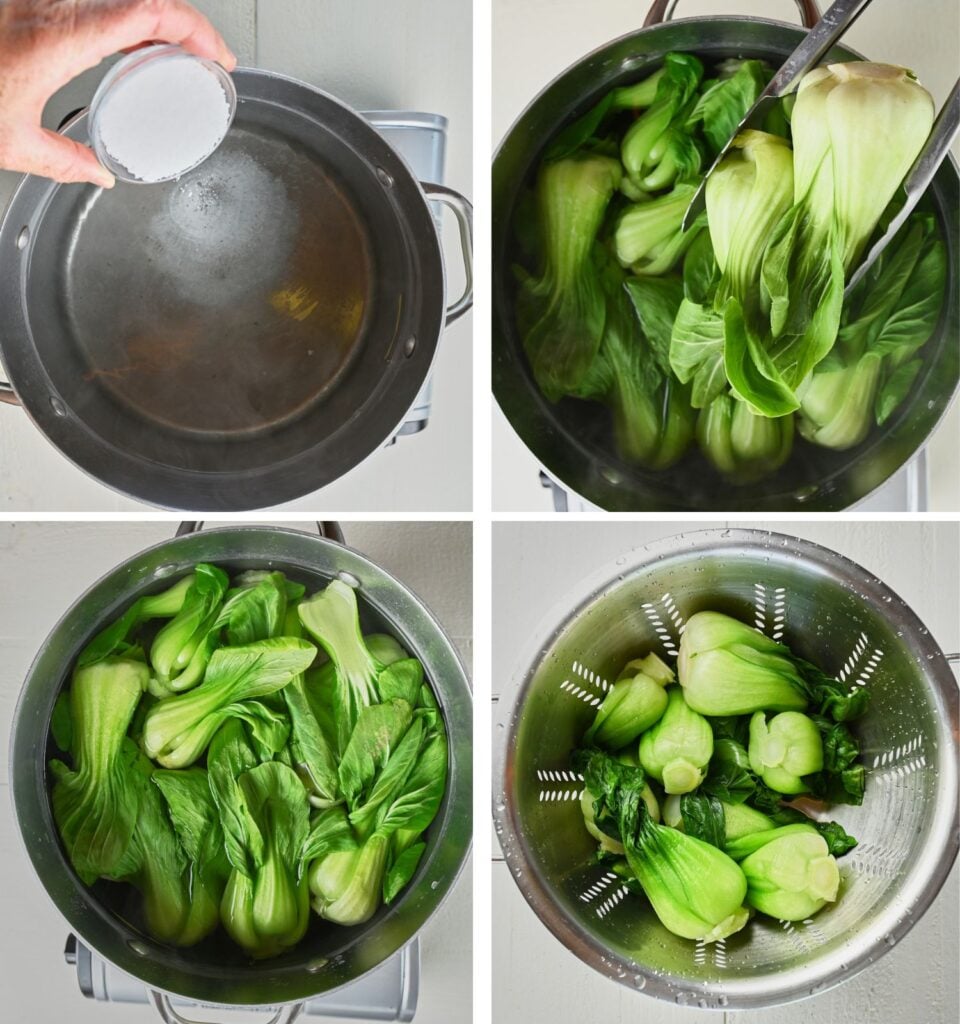 Step-by-step process of how to cook baby bok choy, including adding salt to boiling water, blanching fresh bok choy, and draining it after cooking.
