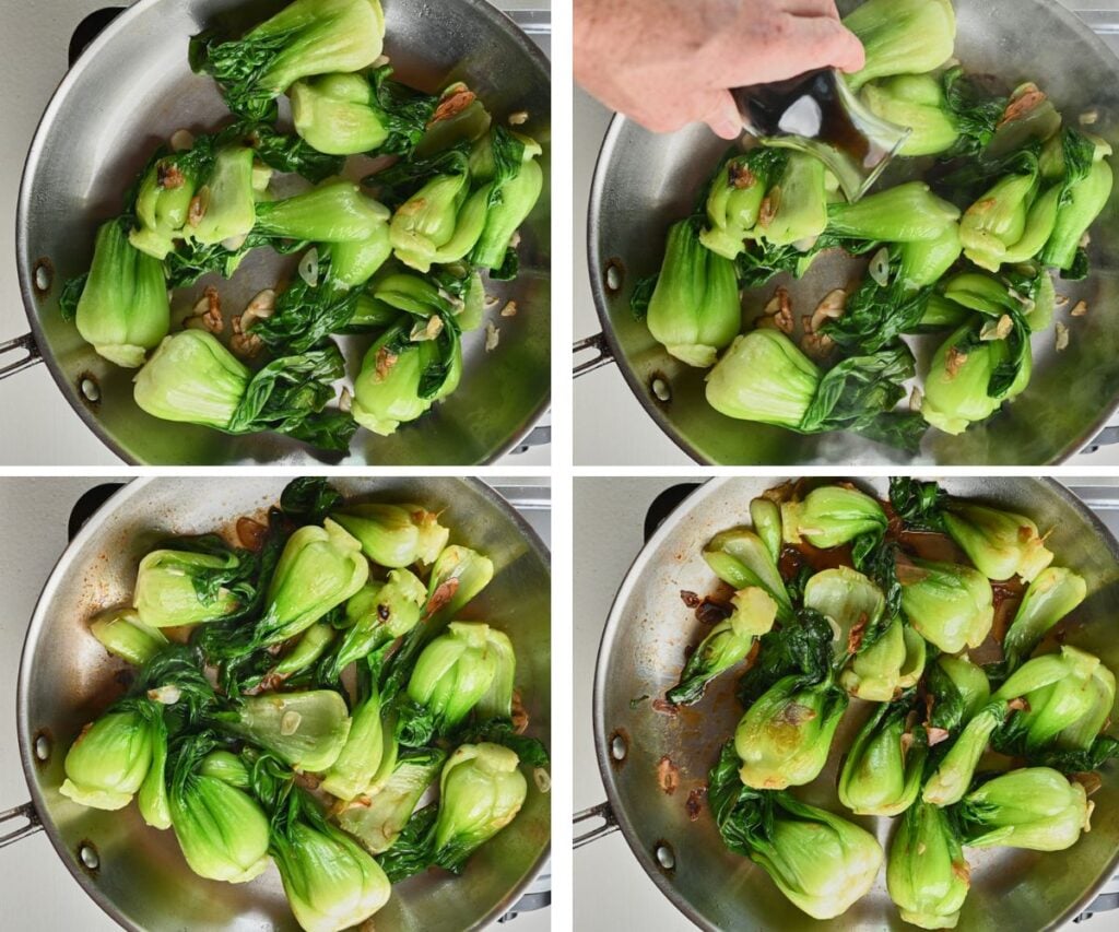 Step-by-step process of how to cook baby bok choy by sautéing it in garlic, sesame oil, and soy sauce for a flavorful and aromatic dish.