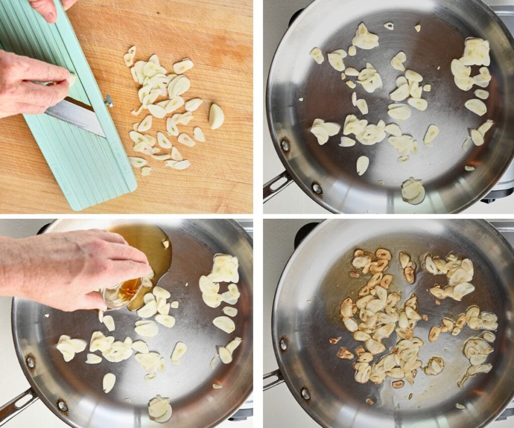 Thinly slicing garlic, then sautéing it in sesame oil to enhance the flavor of baby bok choy, a key step in how to cook bok choy.