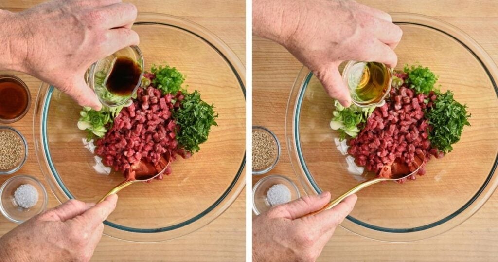 process shots of oil and soy sauce being added to the tartare ingredients.