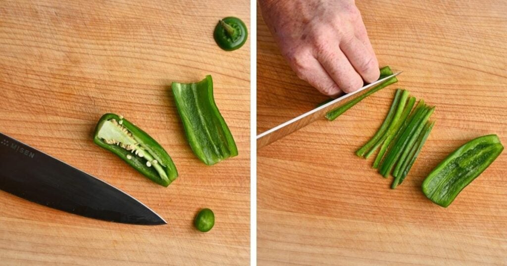 process shots of jalapenos being cut and sliced thinly.