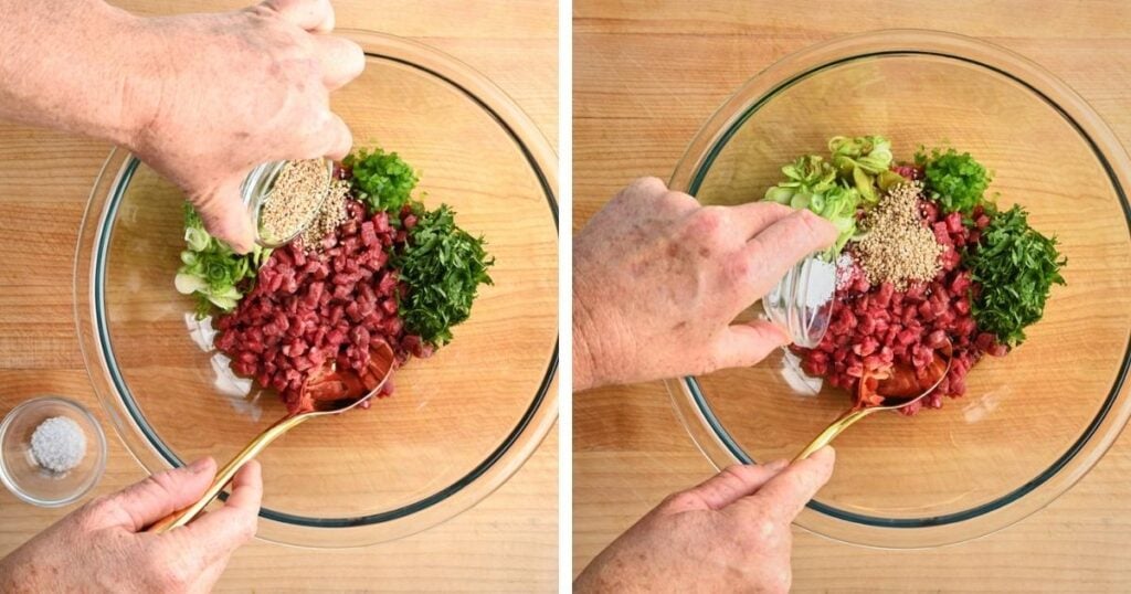 process shots of sesame seeds and salt being added to tartare ingredients.