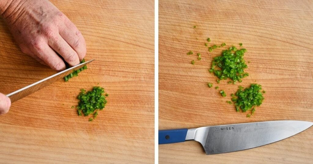 process shots of jalapenos being chopped into fine pieces.