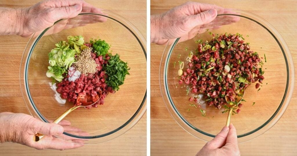 process shots of the unmixed and mixed tartare ingredients in a bowl.