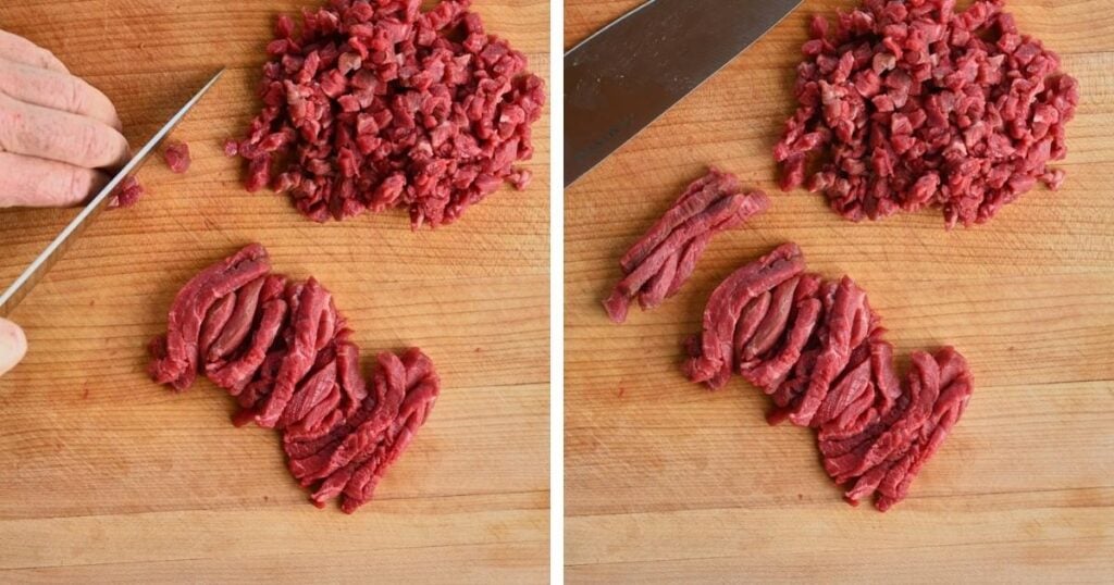process shots of tenderloin steak being sliced and diced.