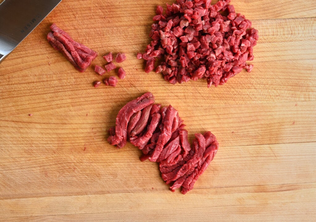 tenderloin beef steak diced and in strips.
