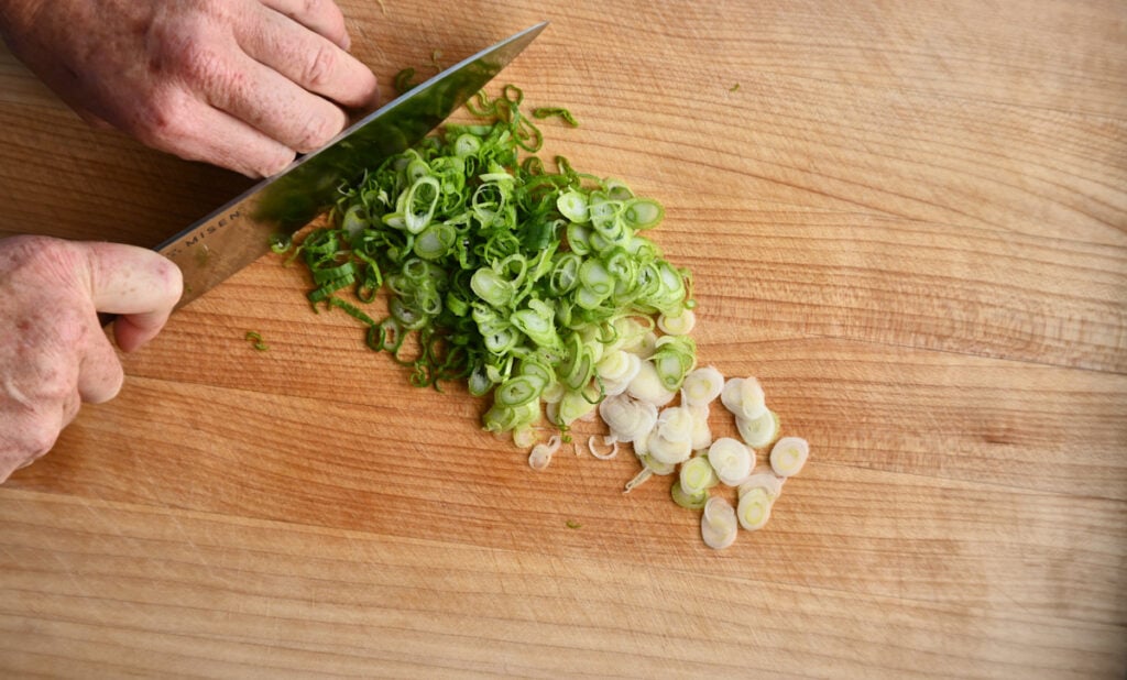 scallions diced for Japanese steak tartare.