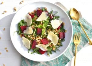 overhead shot of roasted beet salad