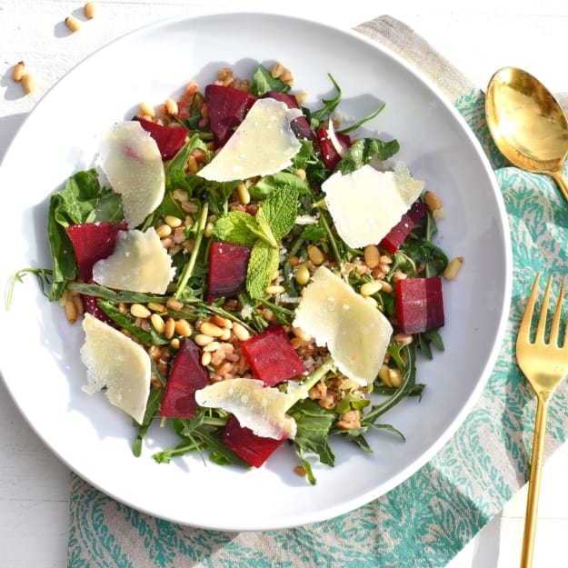 overhead shot of roasted beet salad