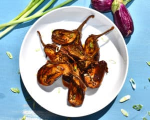 overhead shot of miso eggplant on a plate ready to eat